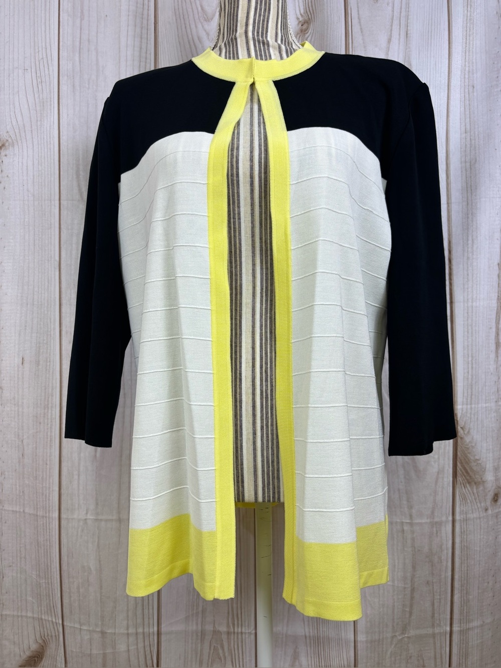 Ming Wang Heritage Knit Jacket Colorblock Longline Cardigan Sweater Citron Large